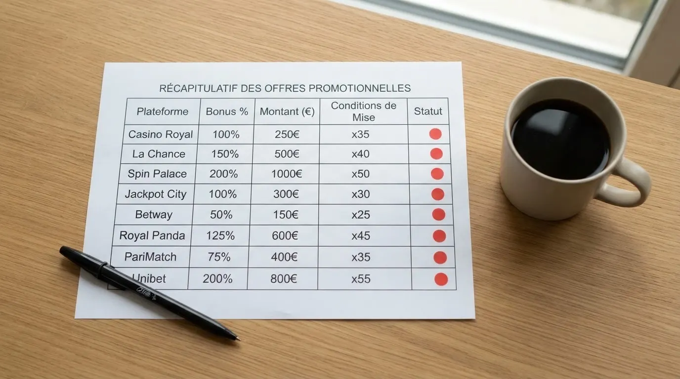 Un tableau comparatif posé sur un bureau, chaque ligne représentant un casino avec son bonus, son wager et son statut légal, une pastille rouge marquant l'absence d'agrément ANJ.