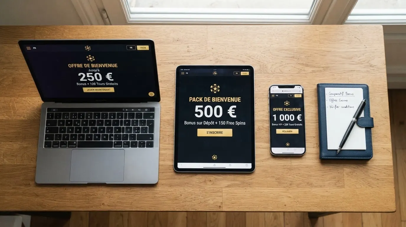 Tableau comparatif montrant les logos, noms et offres de bonus de plusieurs casinos en ligne côte à côte