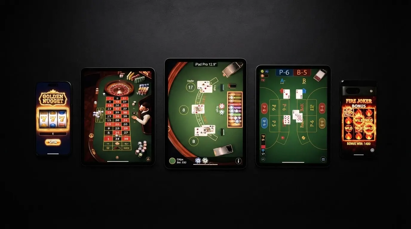 Cinq écrans de casino affichant côte à côte leur bonus de bienvenue, leur licence et leur logo de fournisseur