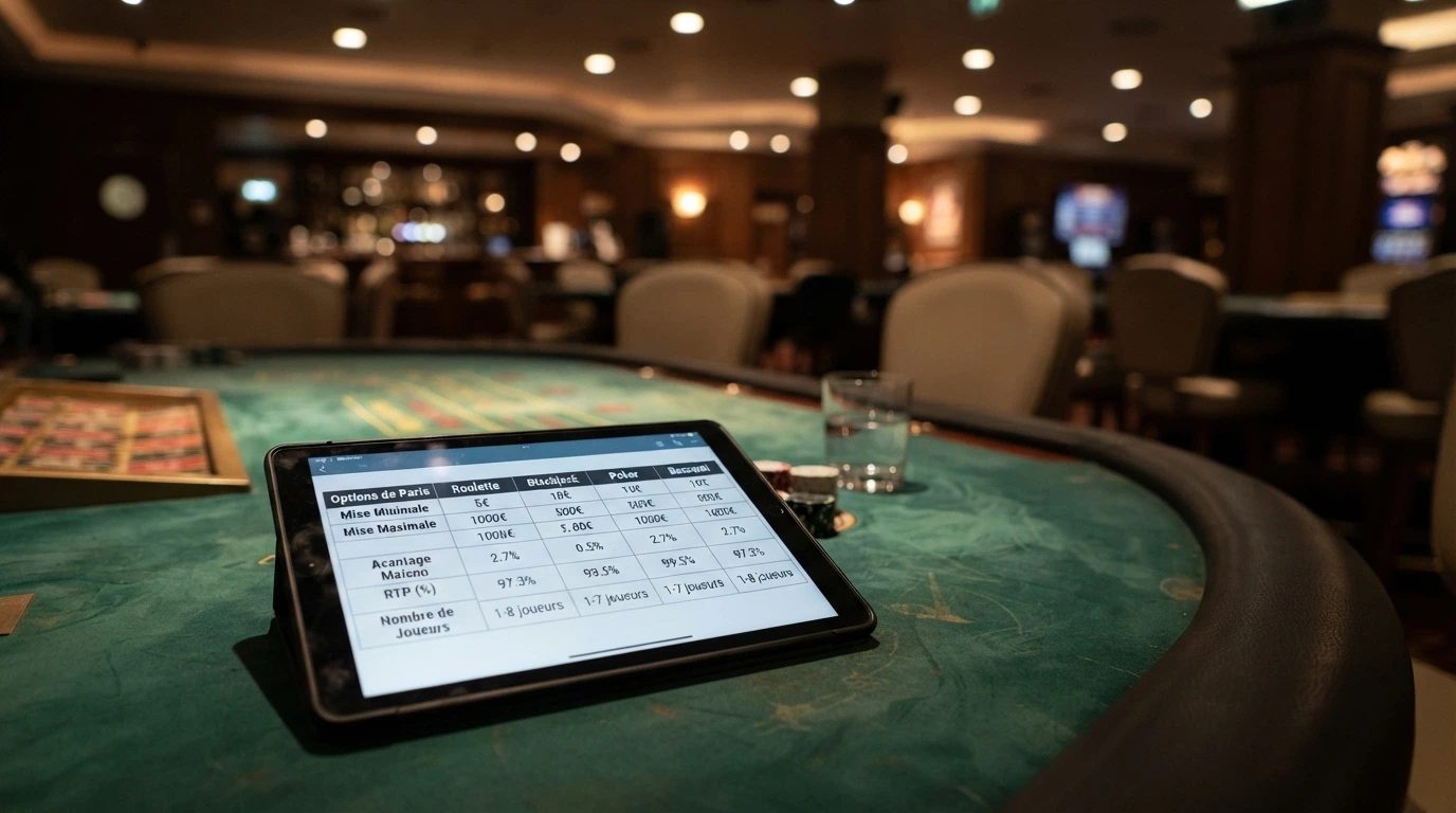 Une table de casino vide en arrière-plan flou, au premier plan un écran de tablette affichant une grille comparative de casinos avec des colonnes de données visibles.