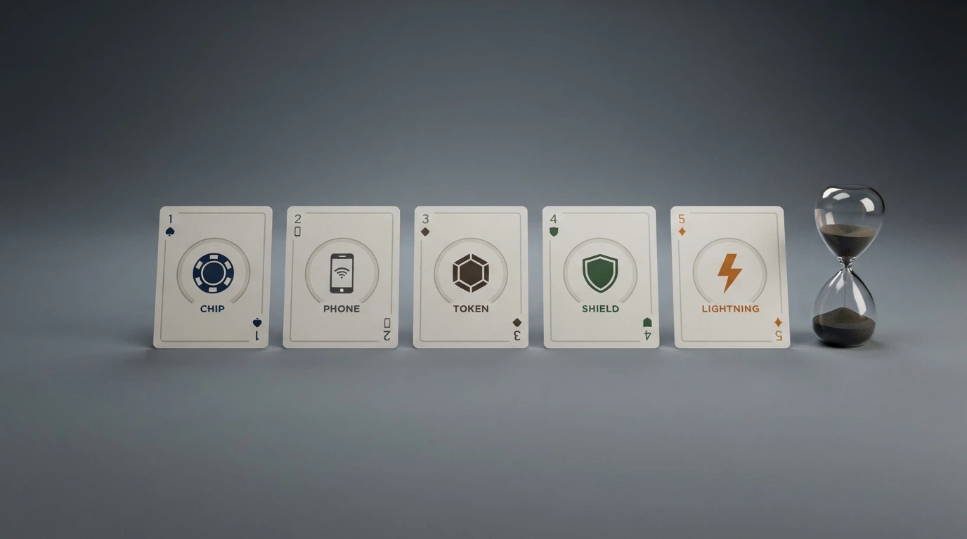 Une rangée de cartes de casino alignées, chacune affichant un moyen de paiement différent, avec un chronomètre symbolisant le délai de retrait
