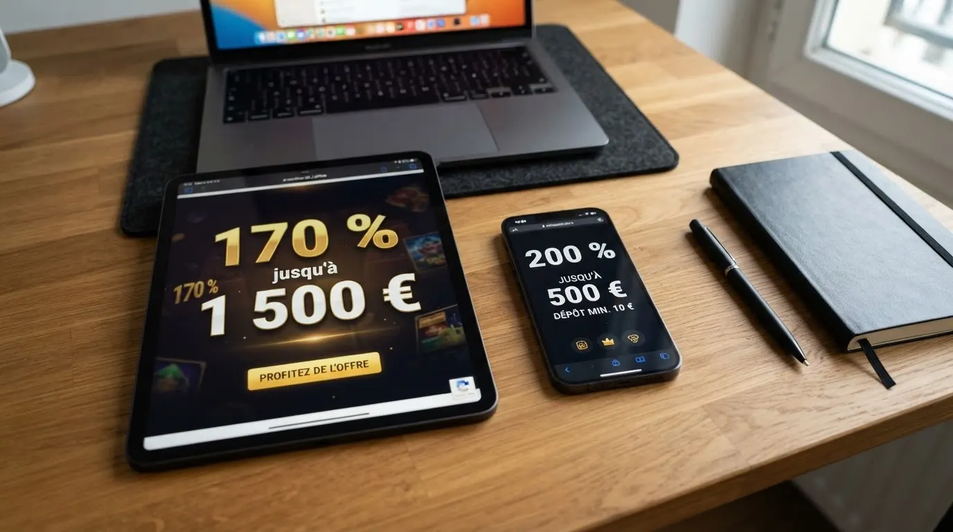 Écrans de casinos en ligne affichant leurs bonus de bienvenue et leurs licences