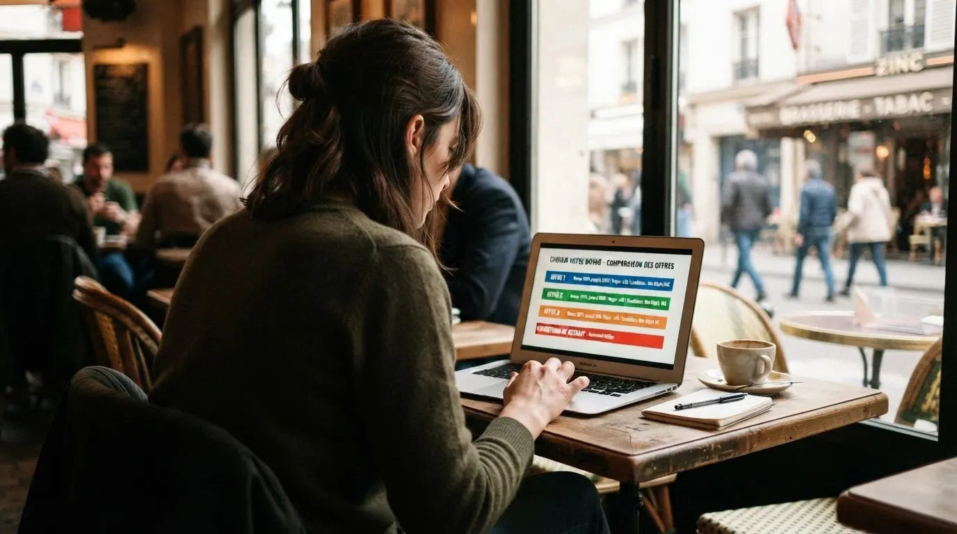 Écran d'ordinateur affichant un tableau comparatif de casinos en ligne avec leurs conditions de bonus