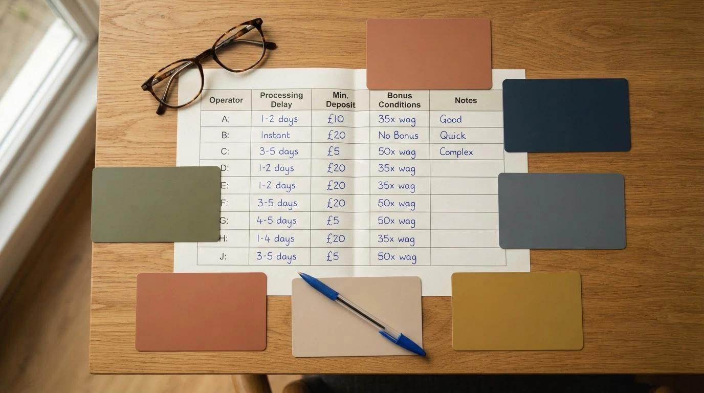 Une grille comparative posée sur un bureau, avec des fiches d'opérateurs de casino et des colonnes de critères manuscrites