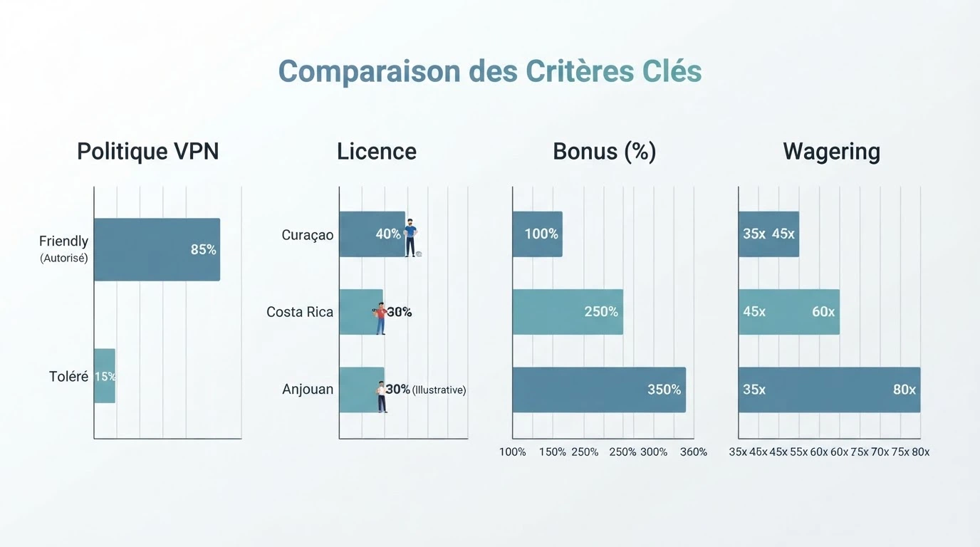 Tableau comparatif listant les dix casinos analysés avec leurs colonnes licence, politique VPN, bonus et conditions de mise