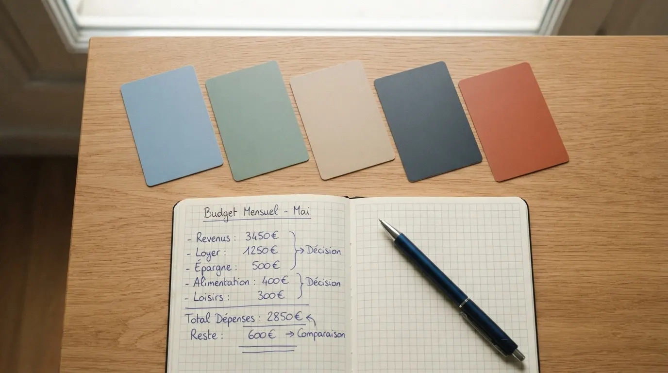 Plusieurs cartes bancaires de différents établissements de crédit alignées sur une table, avec une calculatrice et un bloc-notes