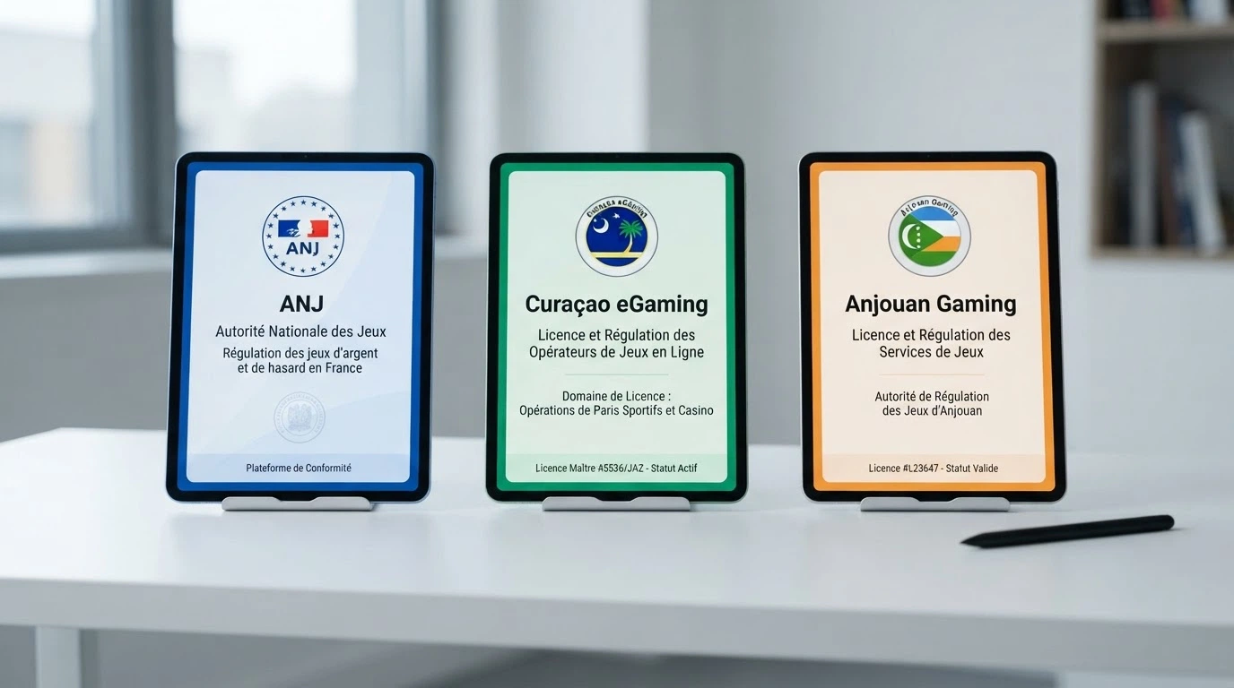 Trois écrans côte à côte montrant les interfaces de trois autorités de régulation : ANJ, Curaçao eGaming et Anjouan Gaming