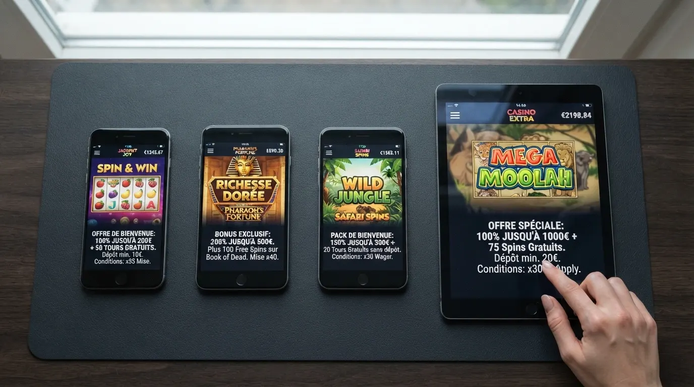 Écrans de casino en ligne affichant côte à côte leurs offres de bienvenue, conditions de mise et compteurs de free spins