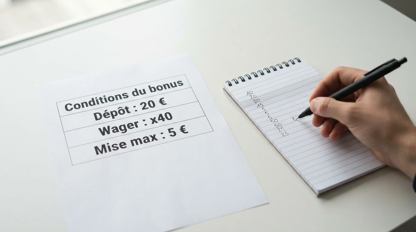 Une calculatrice et un contrat de bonus posés côte à côte, illustrant les conditions de mise