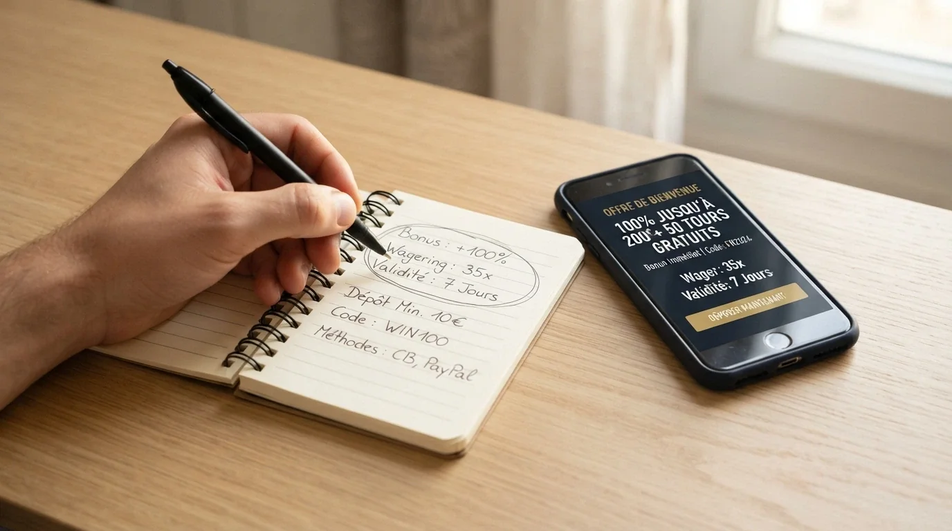 Un bloc-notes posé à côté d'un téléphone affichant une offre de bonus de bienvenue, avec le pourcentage du bonus, le multiplicateur de wager et la durée de validité entourés au stylo