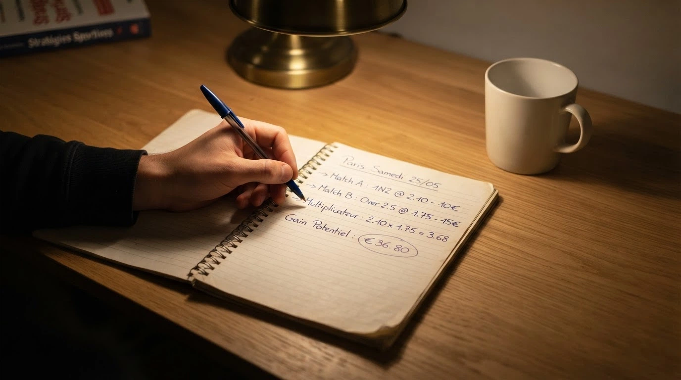 Une calculatrice et un bloc-notes annoté des chiffres clés : wager x30, plafond 100 €, mise max 5 €.