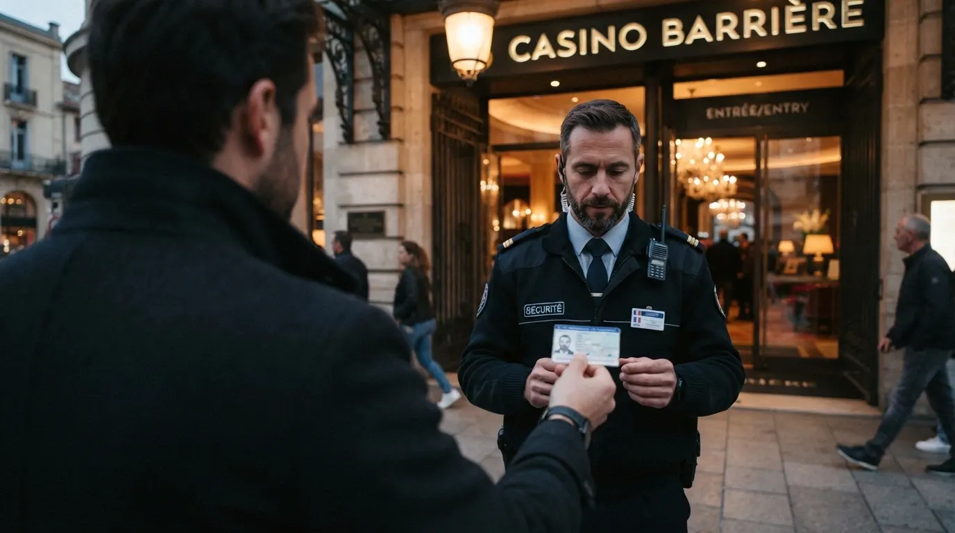 Agent de sécurité vérifiant une carte d'identité à l'entrée d'un casino français