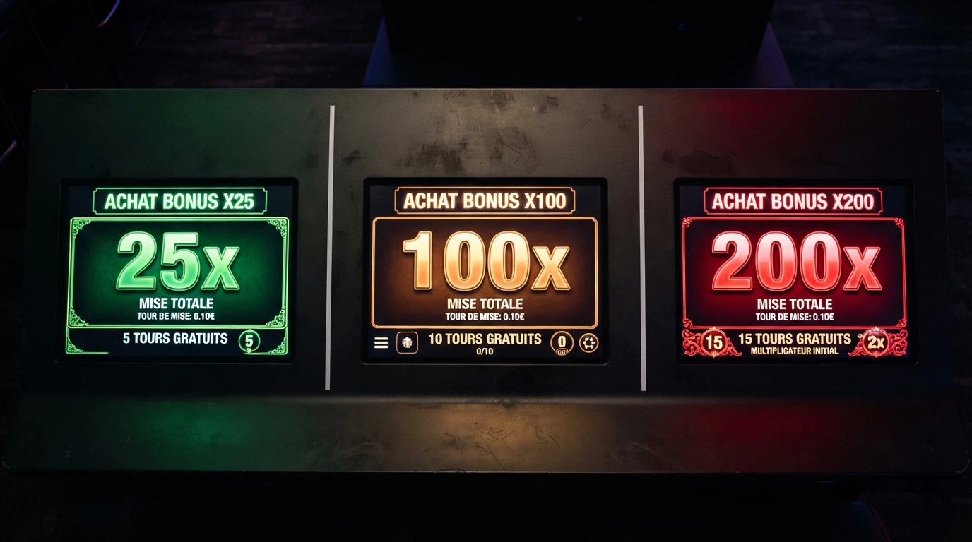 Comparaison visuelle des écrans d'achat de bonus de trois fournisseurs : Pragmatic Play à 100x, Hacksaw Gaming avec ses trois niveaux, et Nolimit City affichant un multiplicateur variable