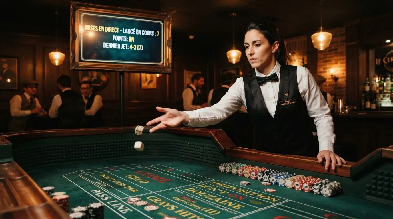 Un croupier en tenue de casino lançant les dés sur une table de craps filmée en studio, avec l'interface de jeu visible à l'écran