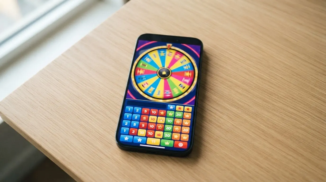 Capture d'écran de l'interface de Crazy Time affichée sur l'écran d'un smartphone, avec les paris et la roue