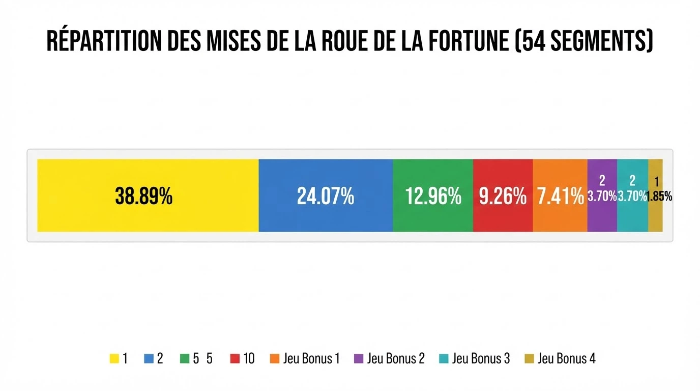 Répartition visuelle des 54 segments de la roue Crazy Time par type de pari, avec la part de chaque chiffre et bonus