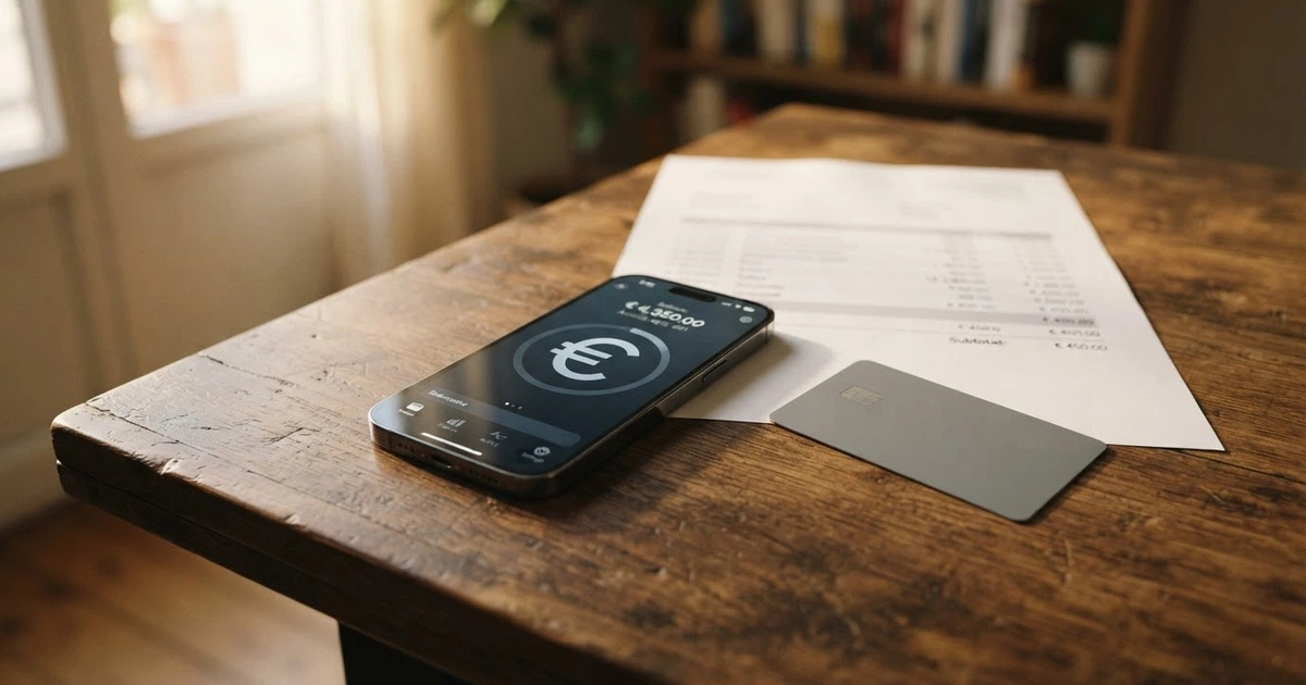 Une carte bancaire et un smartphone affichant l'interface FLOA Bank, posés sur un bureau à côté de documents financiers