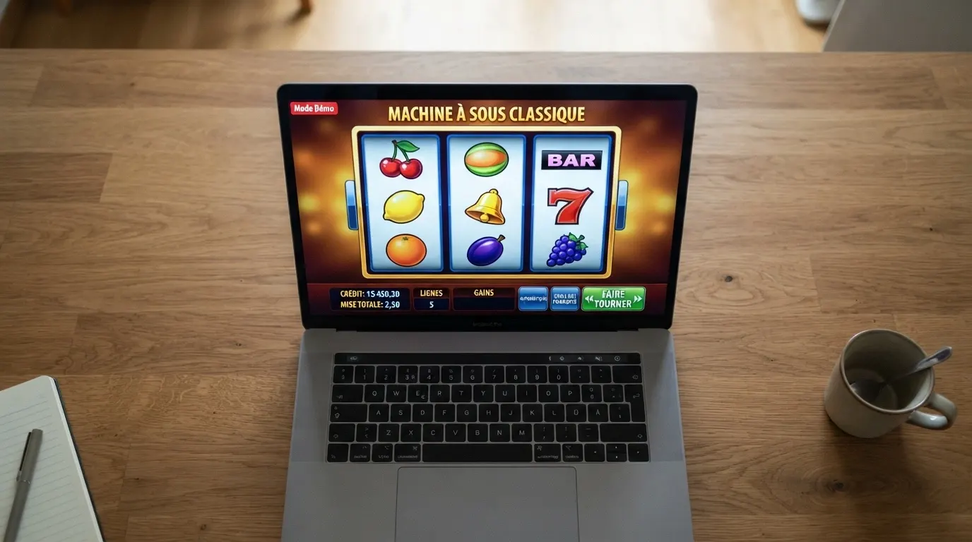 Écran de machine à sous 3 rouleaux en mode démo affichant un solde en crédits virtuels et les boutons de mise