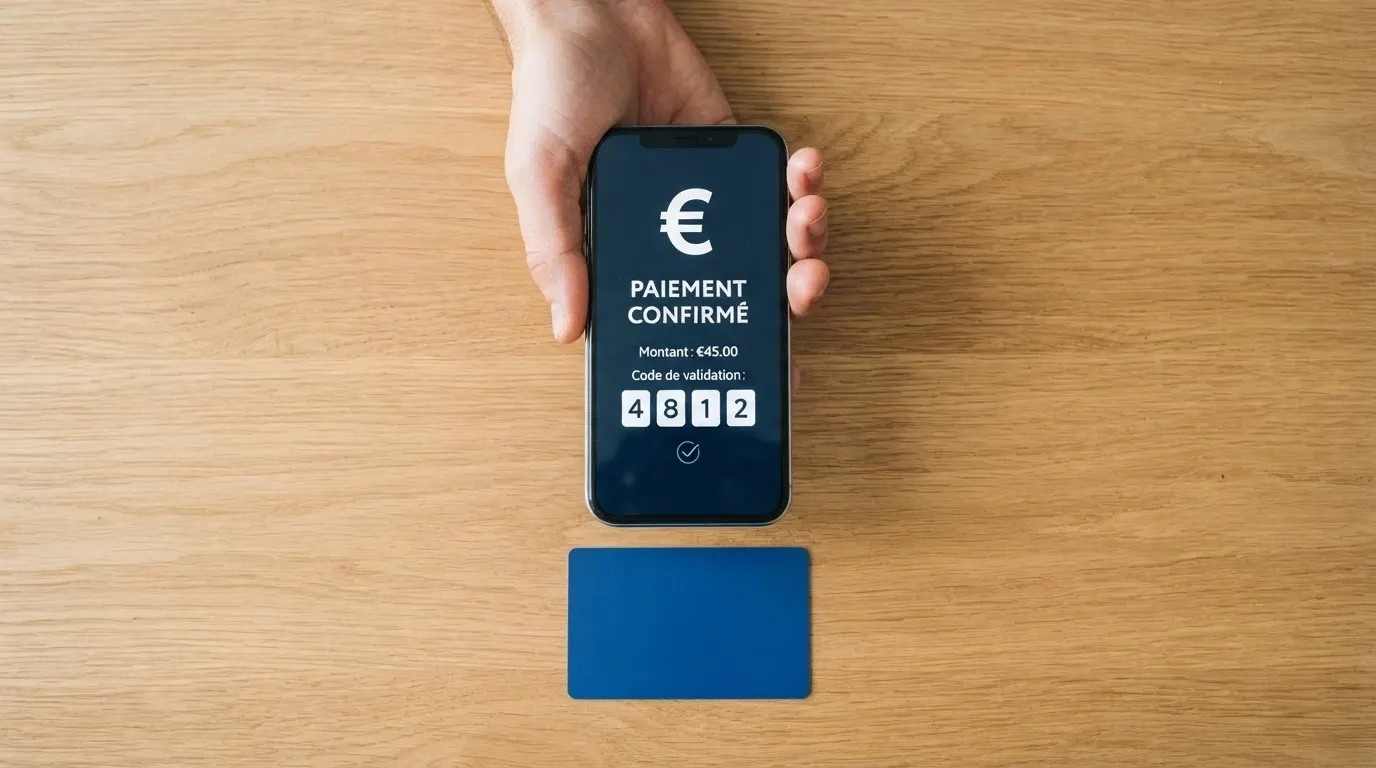 Une main saisissant un code de validation 3D Secure sur un smartphone, à côté d'une carte Visa et d'un écran de caisse de casino en ligne