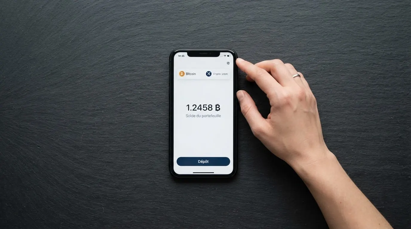 Portefeuille de cryptomonnaies sur l'écran d'un smartphone affichant des soldes en Bitcoin, Ethereum et USDT, prêt pour un dépôt sur un casino crypto