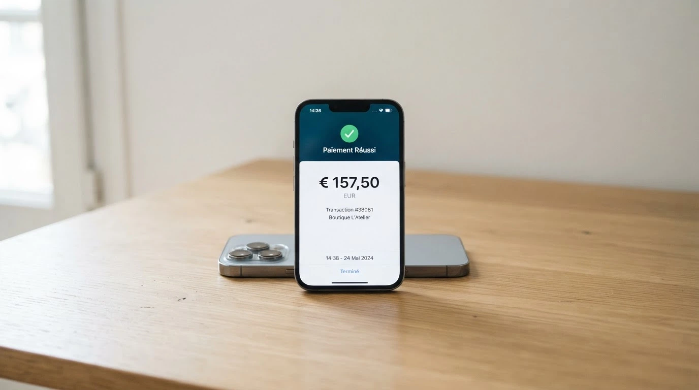 Téléphone affichant l'écran de confirmation d'un dépôt MiFinity réussi sur un casino en ligne, avec le montant et l'horodatage visibles