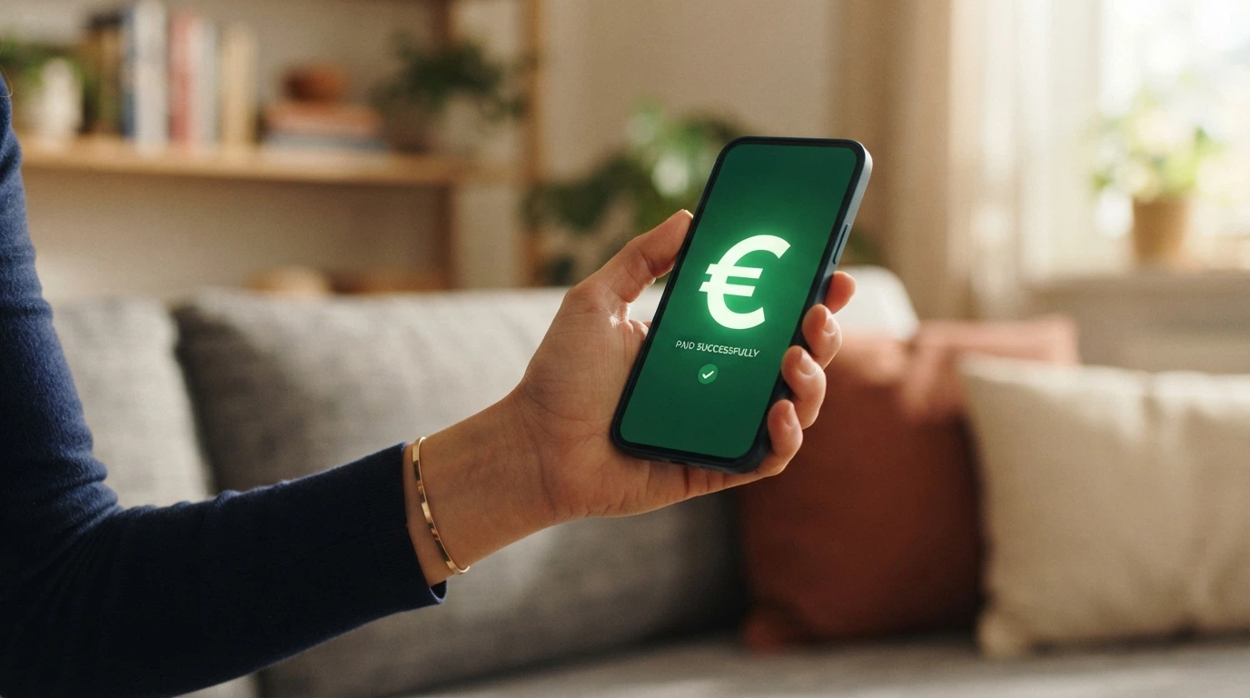 Main tenant un smartphone avec l'interface MuchBetter ouverte, fond suggérant une caisse de casino en ligne