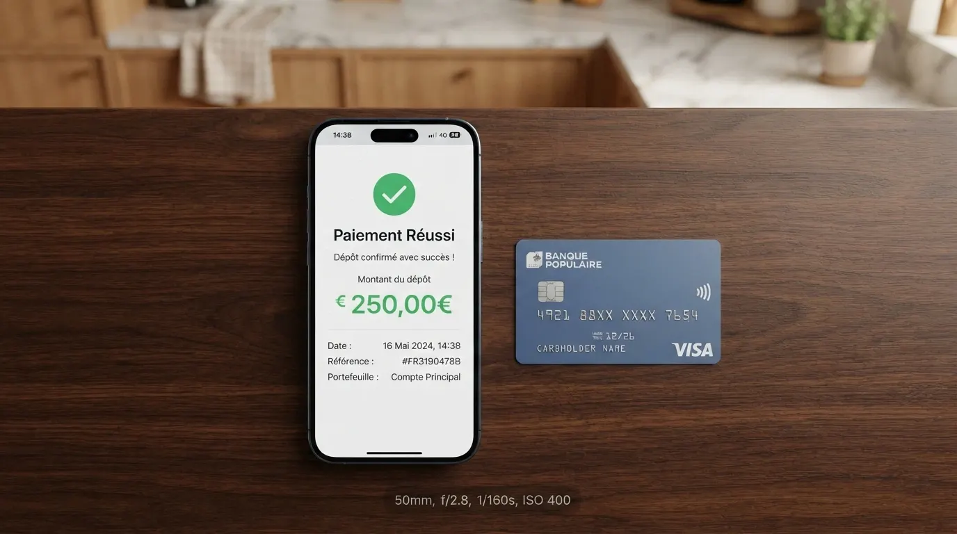 L'écran d'un smartphone affichant l'application Neteller ouverte sur la page de confirmation d'un dépôt, une carte bancaire posée à côté du téléphone sur une table sombre.