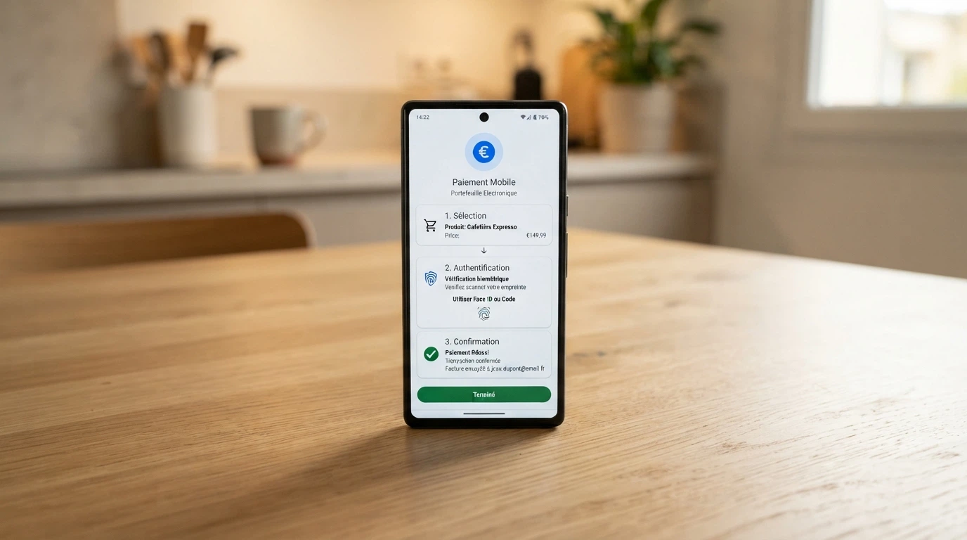 Smartphone affichant les étapes d'un paiement PayPal : sélection du montant, authentification, confirmation