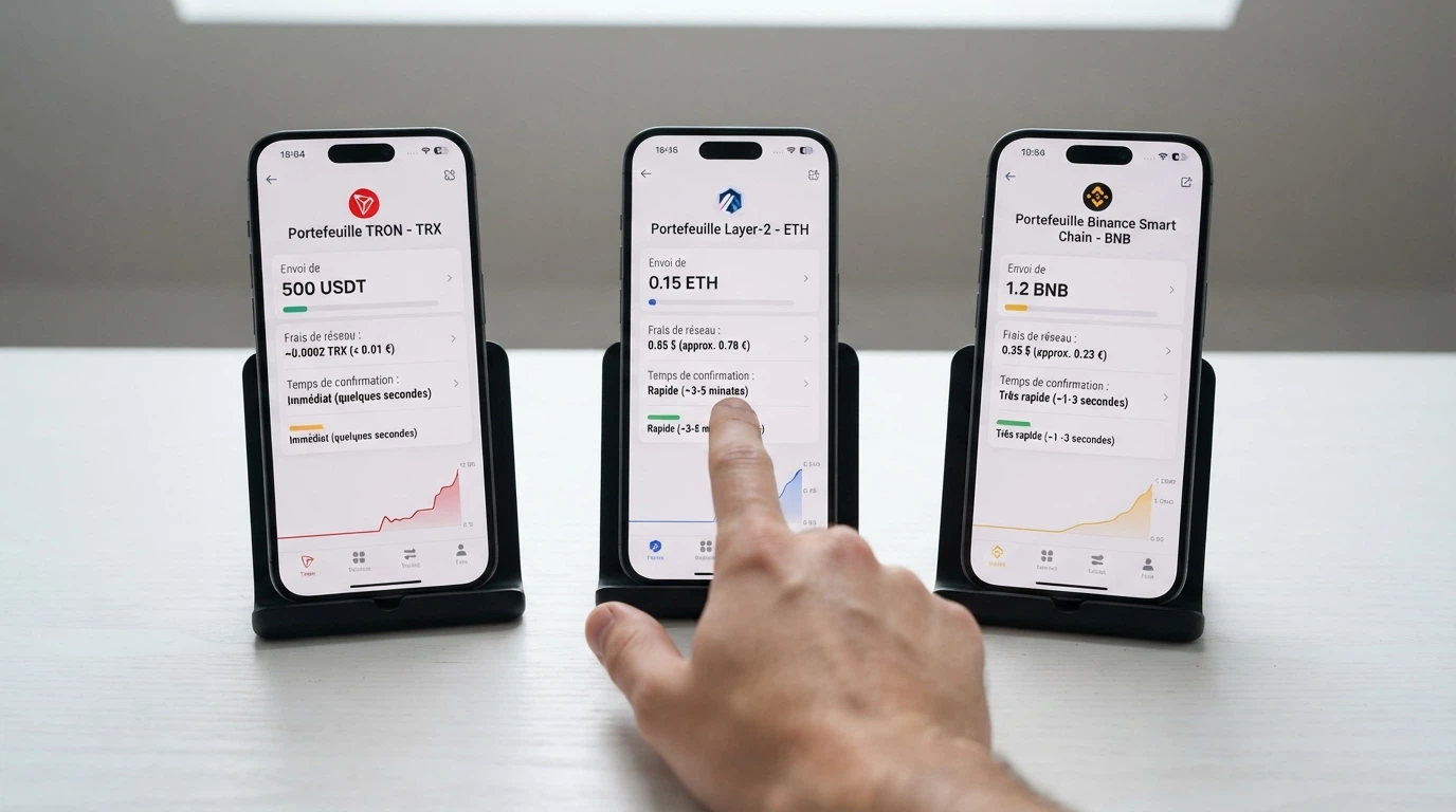 Une capture d'écran comparative des trois interfaces de wallet blockchain (Tron, Ethereum, BSC) avec les frais de transaction affichés en regard