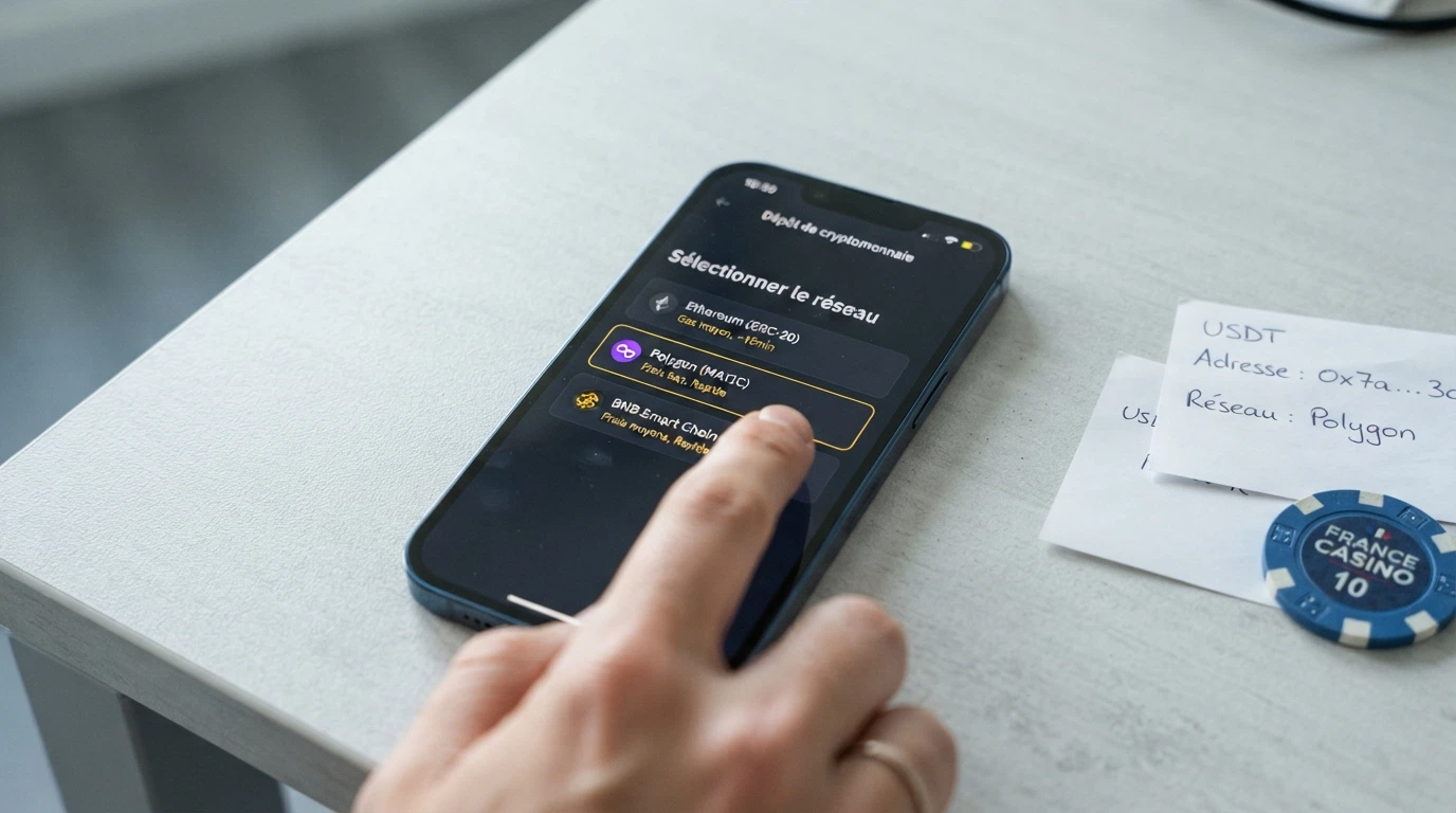 Interface de dépôt d'un casino crypto affichant les options de réseau blockchain (Ethereum, Solana, Base) pour un transfert en USDC