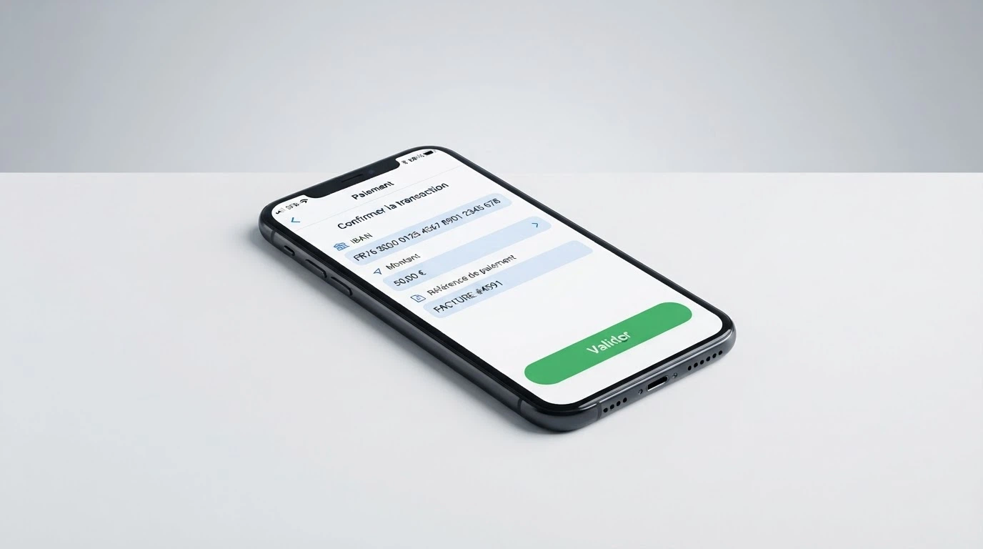 Une interface bancaire française affichant un formulaire de virement SEPA avec les champs IBAN, montant et référence de paiement, prête à être validée.