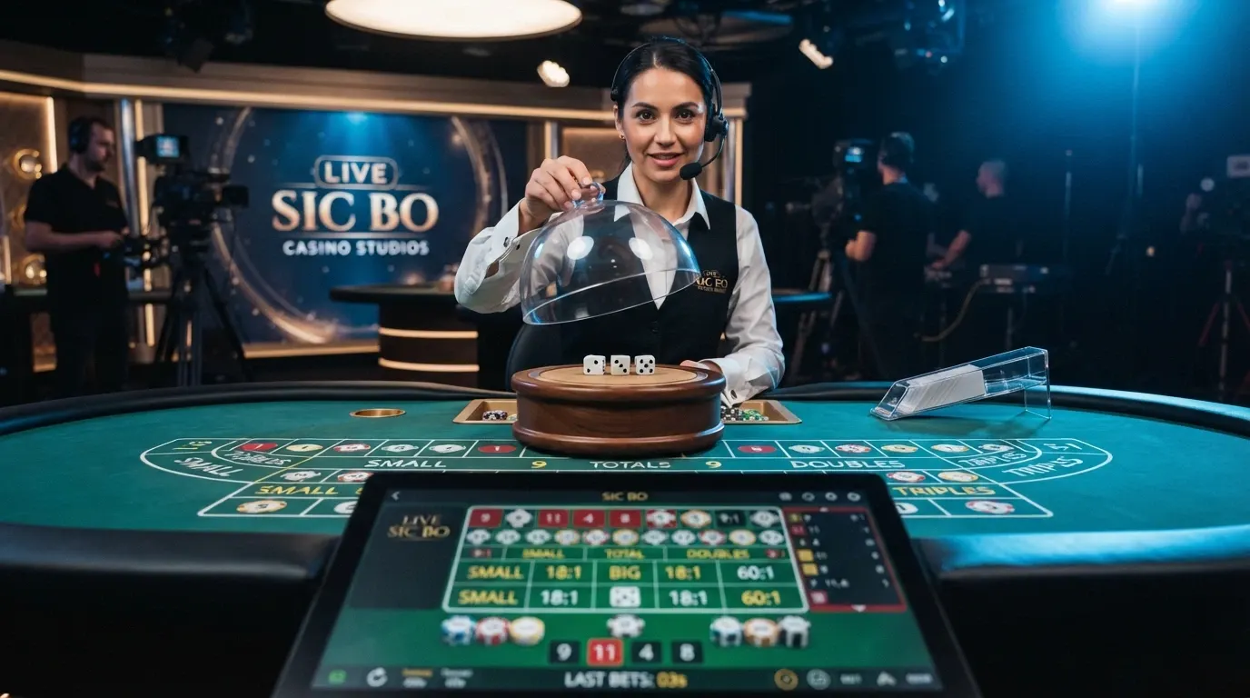 Un croupier en tenue de casino lançant trois dés sur une table de Sic Bo filmée en studio, l'interface de mise virtuelle superposée à l'écran.