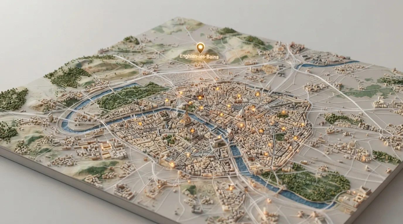 Carte simplifiée de Paris et l'Île-de-France avec les emplacements des clubs de jeux parisiens et du casino d'Enghien-les-Bains