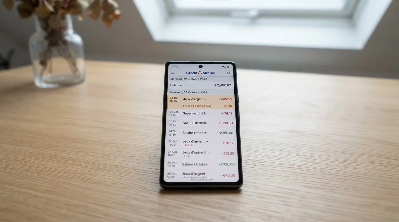 Capture d'écran de l'application N26 affichant une transaction marquée « jeux d'argent » avec des frais additionnels visibles