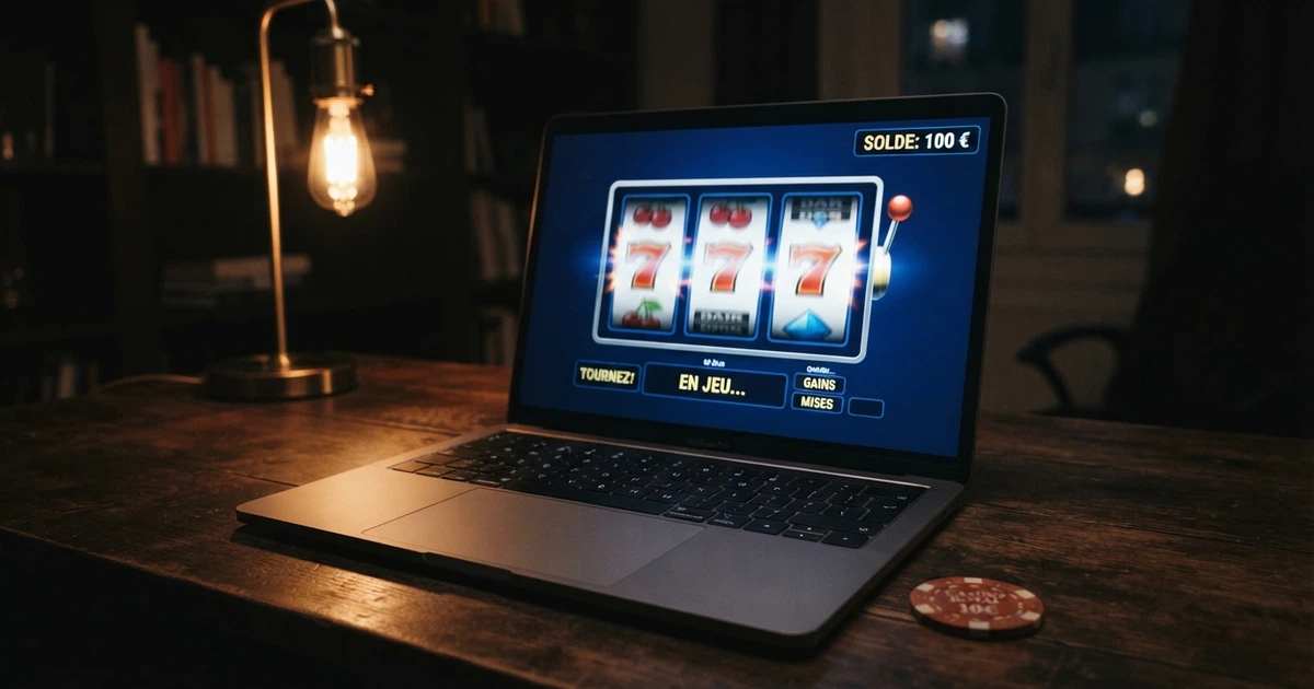 Écran de casino en ligne affichant une offre de free spins sans dépôt avec le compteur de tours gratuits et une machine à sous en arrière-plan.
