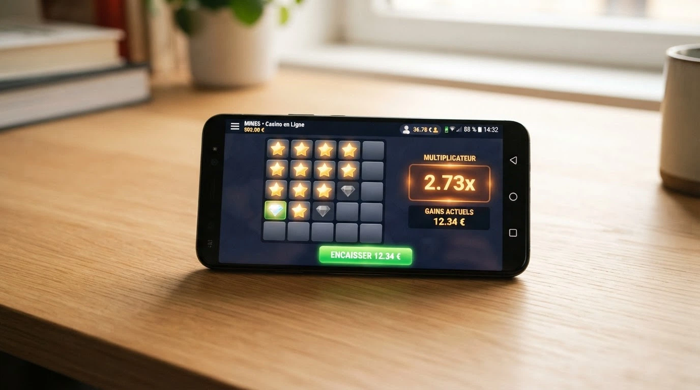 Une capture d'écran du jeu Mines en cours de partie, plusieurs cases révélées avec des étoiles, le multiplicateur affiché à côté de la grille, le bouton cashout visible
