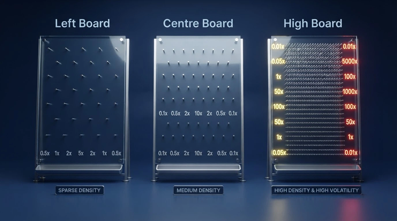 Schéma comparatif d'une grille de Plinko à trois configurations : peu de clous (risque faible, multiplicateurs bas), densité moyenne (risque moyen), forte densité (risque élevé, multiplicateurs extrêmes aux extrémités).
