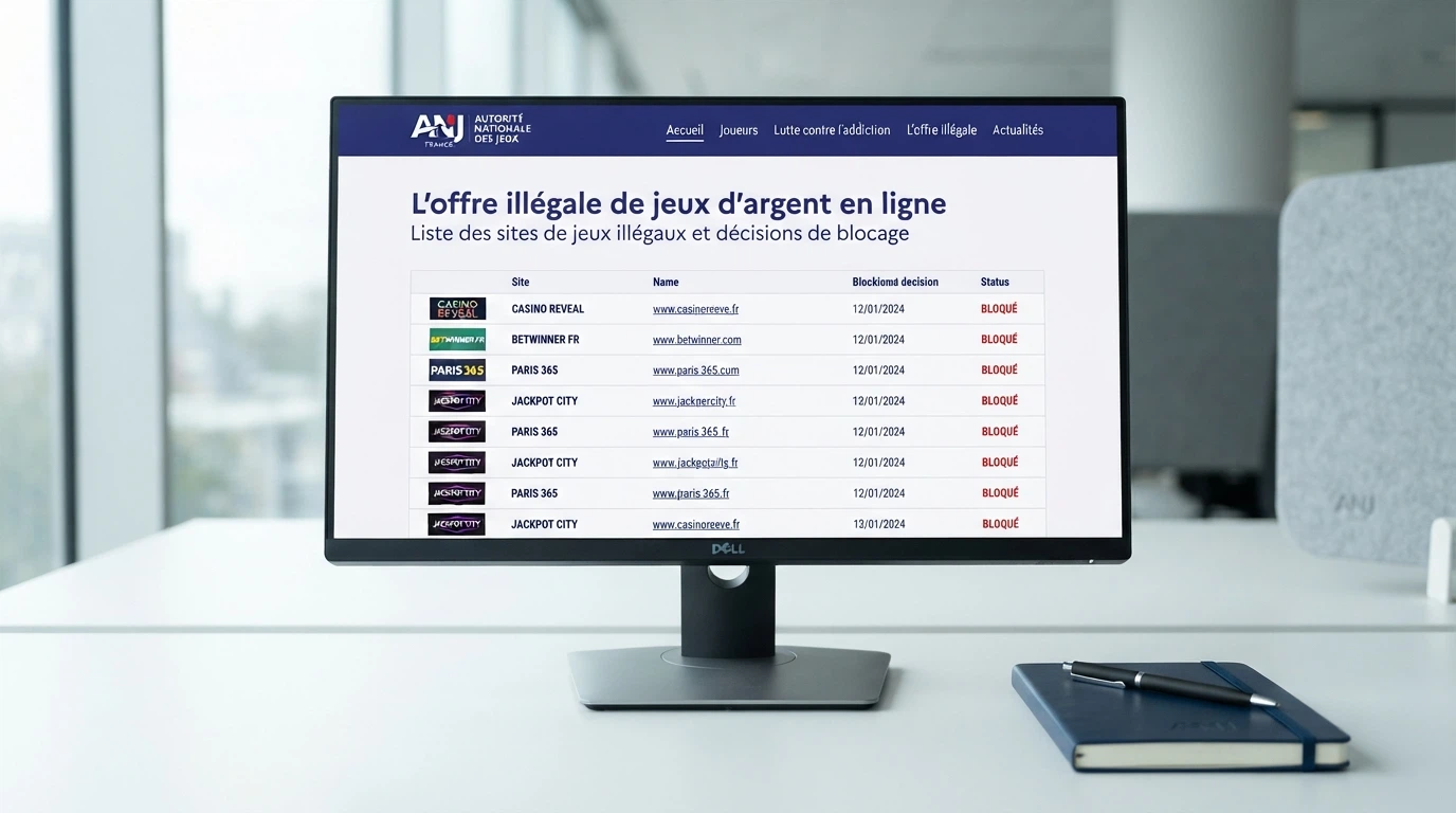 Page d'accueil du site de l'ANJ avec la liste des opérateurs agréés et la mention « L'offre illégale »