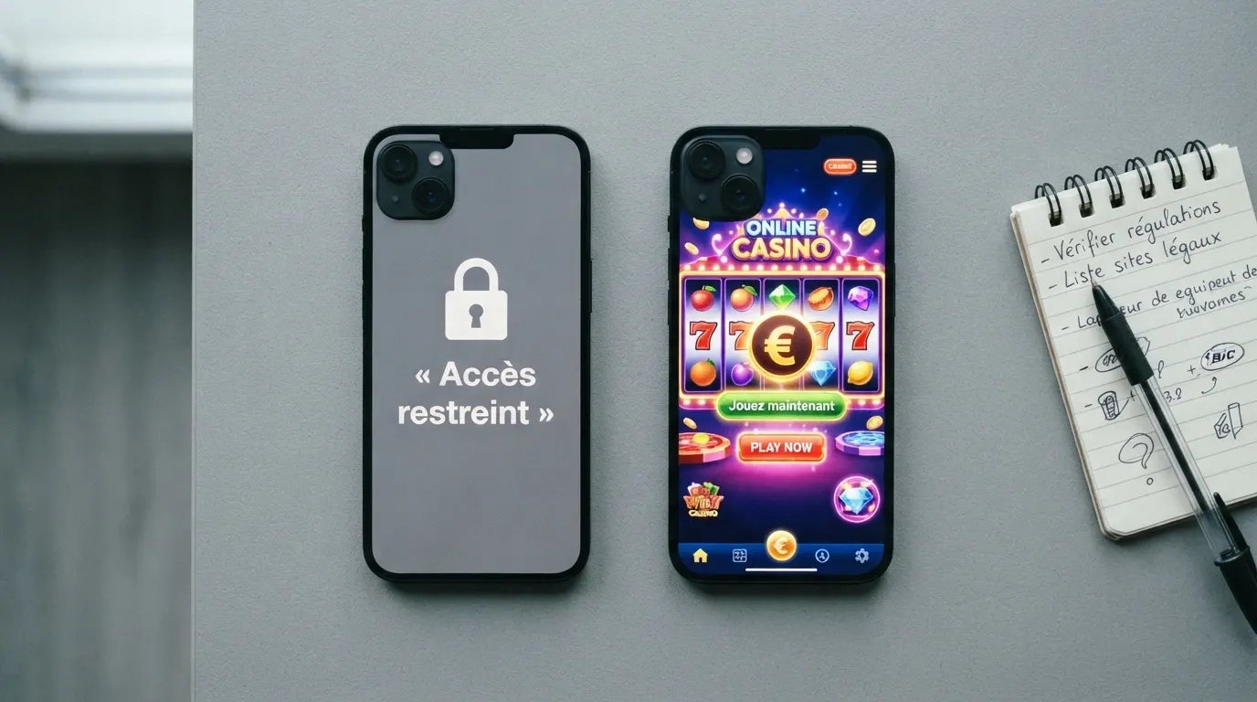 Écran partagé : à gauche le site officiel anj.fr avec le registre des opérateurs agréés, à droite l'interface d'un casino offshore sur mobile.