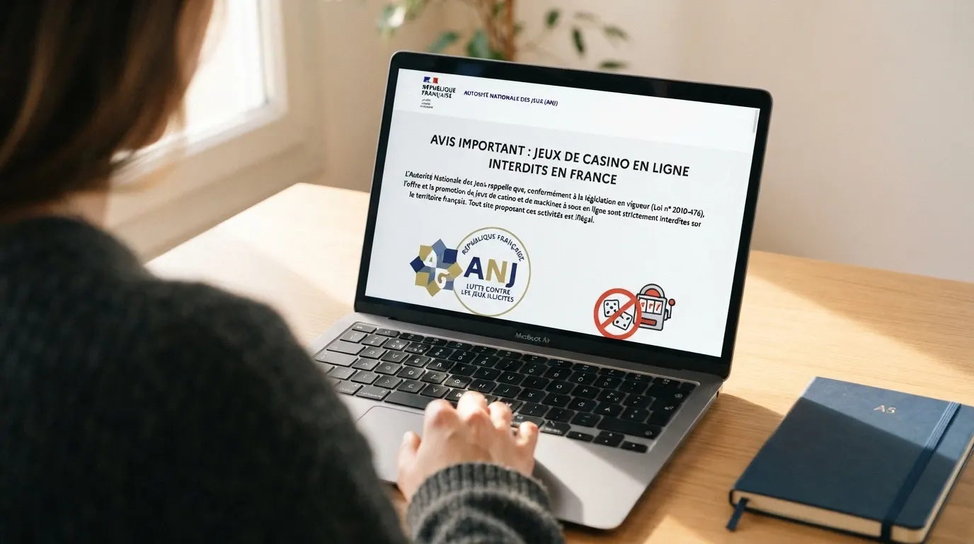 Page d'accueil du site anj.fr avec la mention officielle de l'interdiction des jeux de casino en ligne