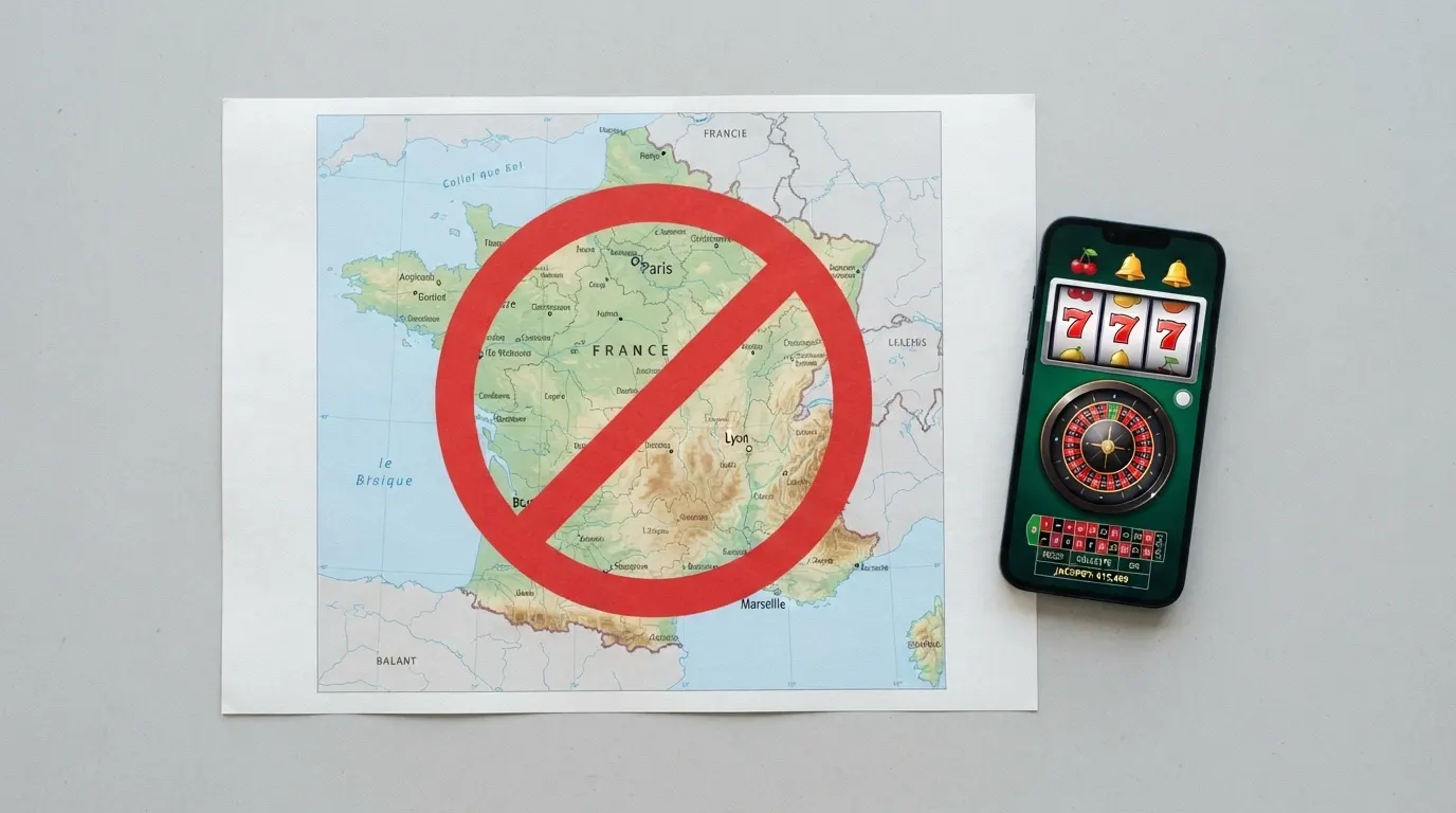 Une carte de la France barrée d'un symbole d'interdiction devant un écran de casino en ligne