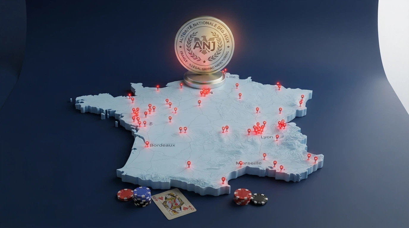 Une carte de la France métropolitaine avec des marqueurs rouges symbolisant les sites bloqués par l'ANJ et le logo de l'autorité en surimpression
