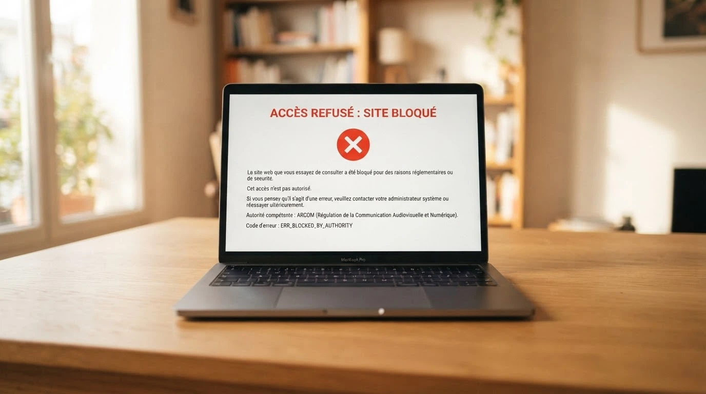 Un document officiel de l'ANJ posé sur un bureau à côté d'un ordinateur affichant la liste des sites bloqués et déréférencés