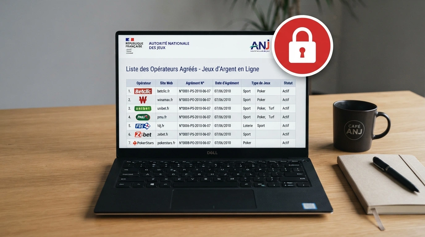 Écran affichant le site de l'ANJ avec le registre des opérateurs agréés, un cadenas barré superposé en surimpression.
