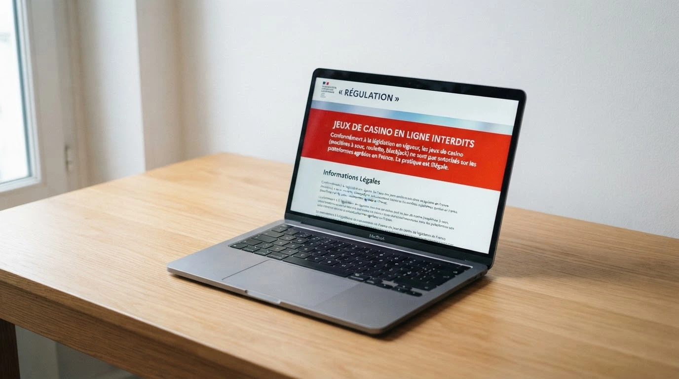 Registre officiel de l'ANJ affiché sur un écran, avec la liste des opérateurs agréés et le bandeau d'avertissement « jeux de casino en ligne interdits »