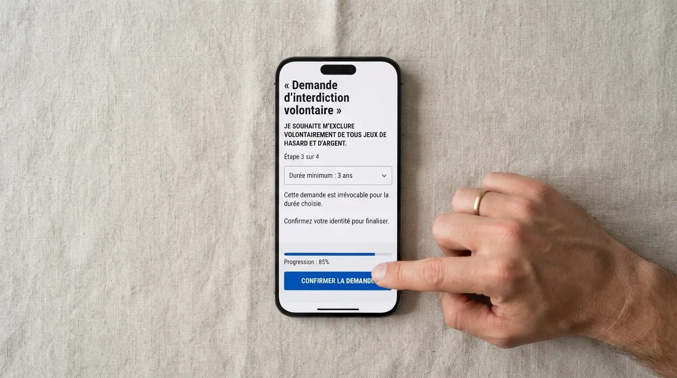 L'interface en ligne de l'IVJ sur interdictiondejeux.anj.fr, avec le formulaire de demande et la mention « durée : 3 ans minimum » visible à l'écran