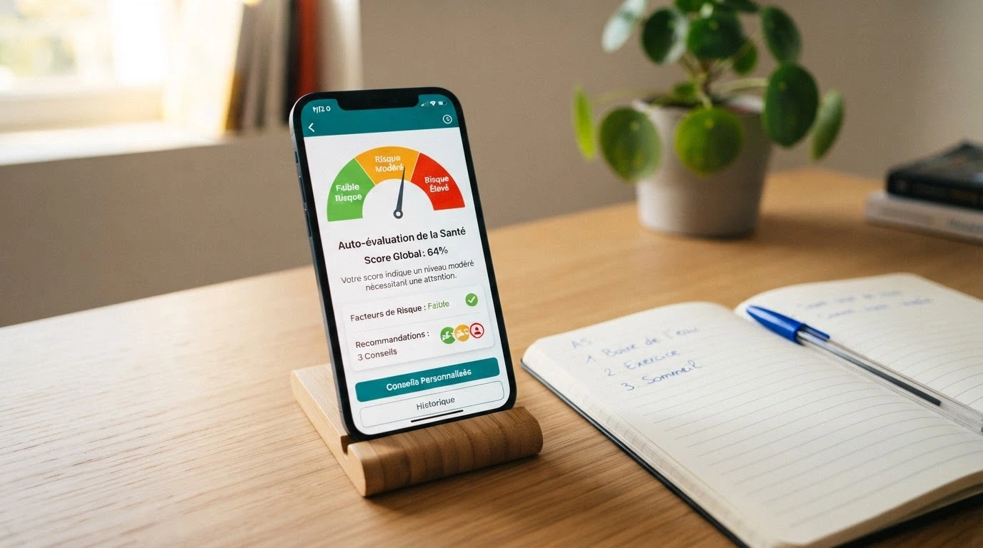 Un téléphone portable posé sur un bureau, l'écran affichant le questionnaire Evalujeu de l'ANJ avec une jauge de risque colorée, un carnet et un stylo à côté.