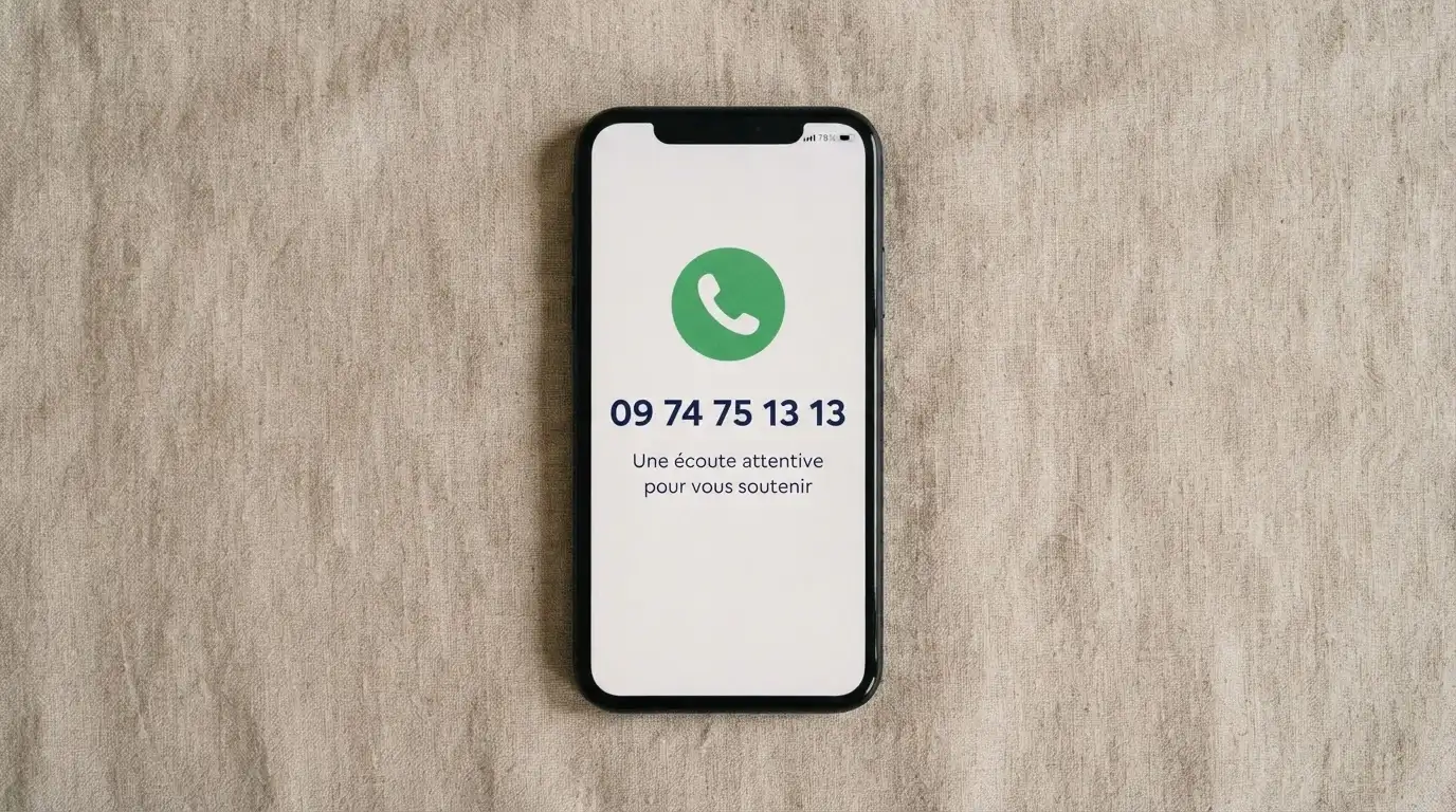 Une personne consultant le site Joueurs Info Service sur son téléphone, le numéro 09 74 75 13 13 visible à l'écran