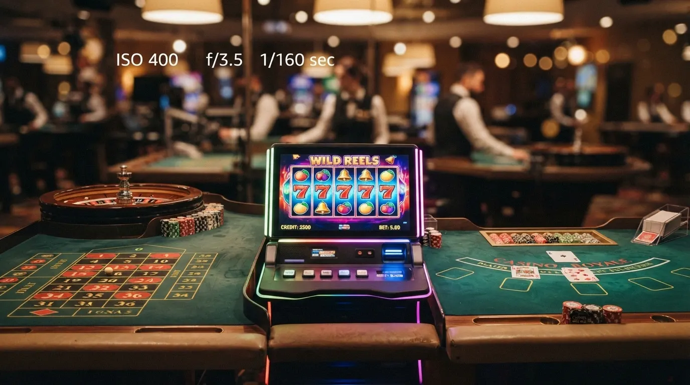Une mosaïque de jeux de casino en ligne : machines à sous colorées, une table de roulette, et une table de blackjack avec croupier en direct