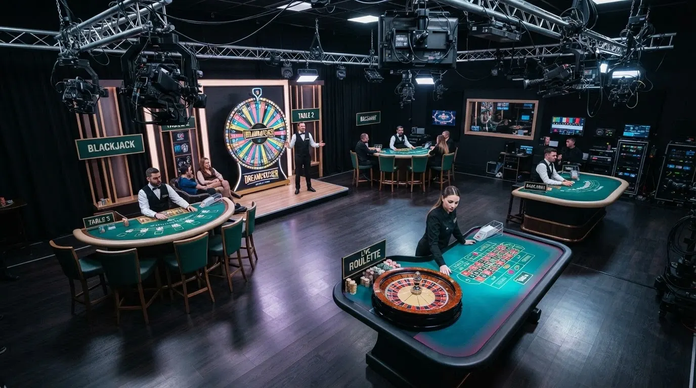 Une vue d'ensemble d'un studio de casino en direct avec plusieurs tables de roulette et blackjack diffusées simultanément